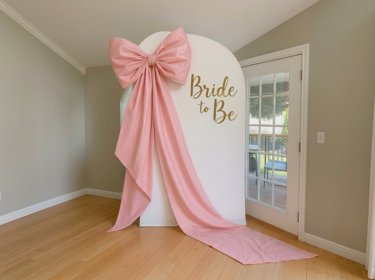 Moño coquette grande de tela rosa sobre un fondo blanco para eventos