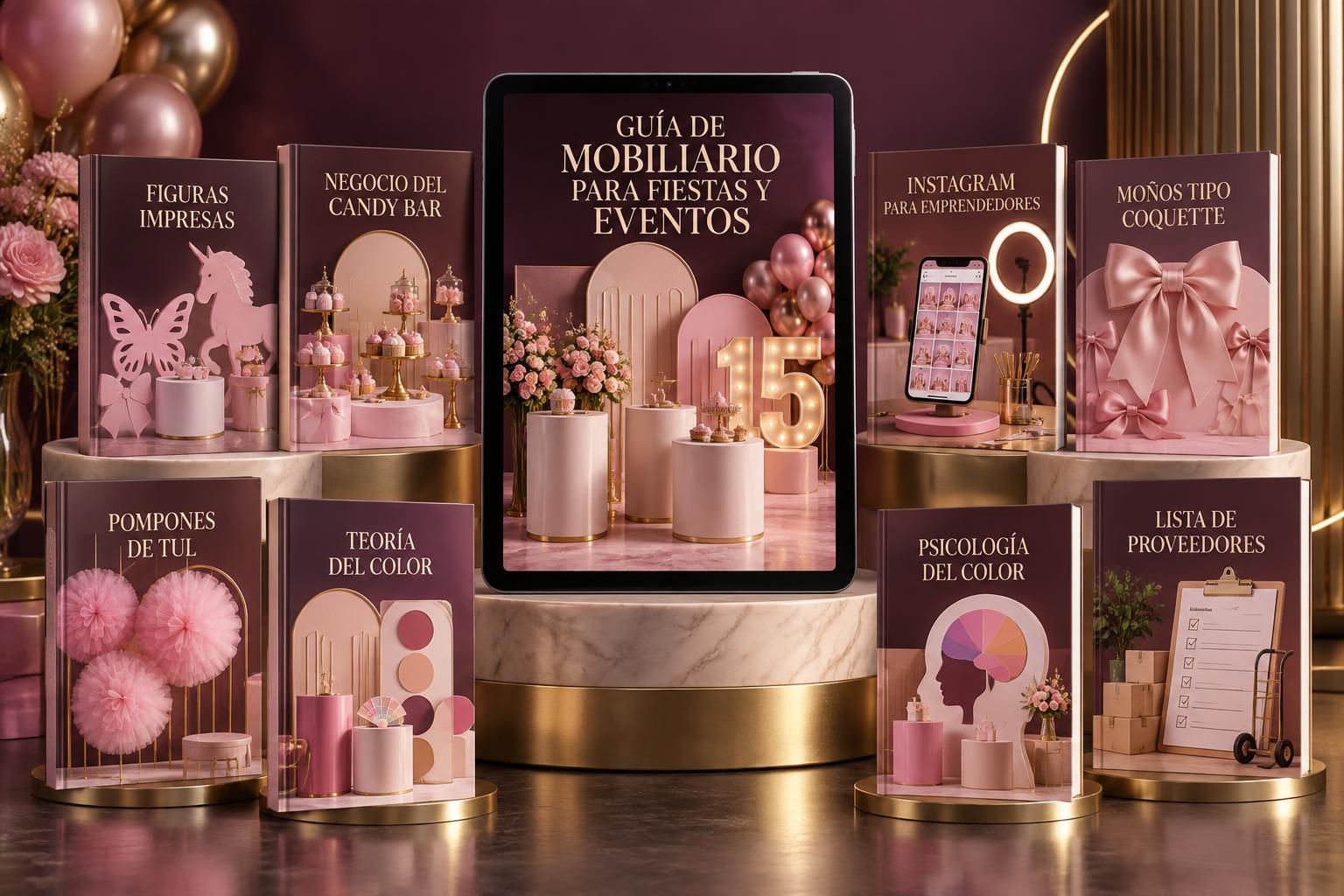 Mockup de la Guía de Mobiliario para Fiestas y Eventos con sus ocho bonos digitales