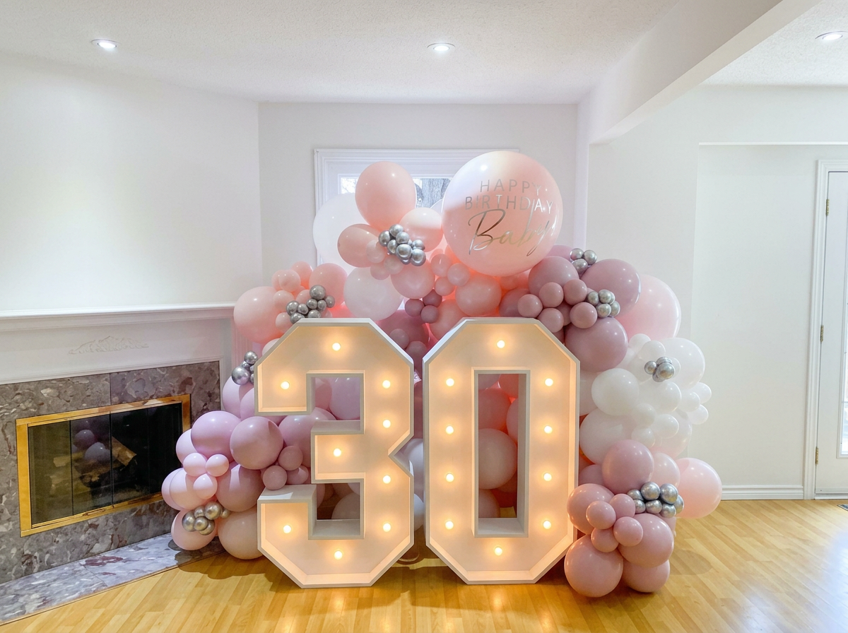 Números 30 gigantes en mosaico con luces y globos rosas